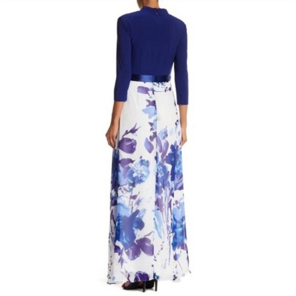 New Chetta B Maxi Dress 6 / 8 Watercolor Floral Navy Blue Winter White Gown NWT - Picture 2 of 13